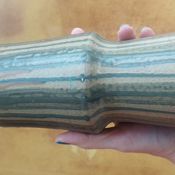 Mid Century Modern Pottery Vase, Japanese Signed Kanji 1960s blue & tan - Picture 3 of 7